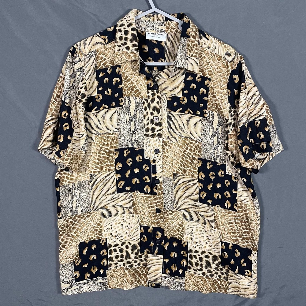 Alfred Dunner Animal Print Patchwork Button Up Shirt Womens 12 Leopard Zebra Tan